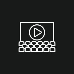 Movie Theater Icon White Line Cinema Screen with Play Button and Audience on Black Background