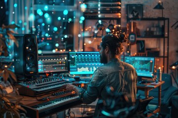 Obraz premium A musician in a cozy home studio with an AI assistant as musical notes and waveforms providing composition feedback. Instruments in background. AIG60