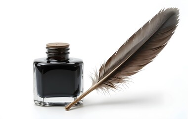 Feather quill pen with ink bottle beside it, quill and inkwell on white background