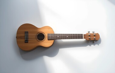Wooden ukulele laying flat casting a soft shadow on white studio background, acoustic guitar on white background