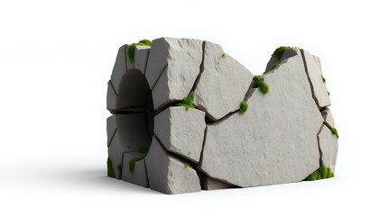 Cracked Stone Block with Green Moss Detailed Texture on White Background Symbolizing Time Nature and Resilience Minimalist Composition