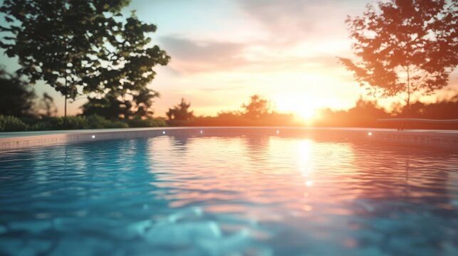 A scenic outdoor swimming pool reflecting the sunset sky, lens flare, text space