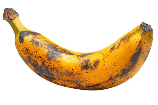 Overripe banana with dark brown spots a close up view against a white background showing texture and