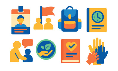 Flat vector icons of youth volunteering: student volunteer badge, school club icon, weekend service trip backpack, service hour logbook, peer tutoring symbol, eco youth badge, volunteer project