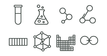 Line style icons of chemistry: test tube, chemical reaction, molecular chain, burner icon, pH scale, crystal structure, periodic table, chemical bond.