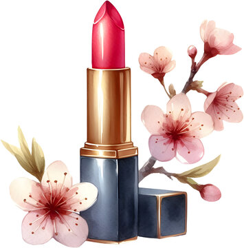Watercolor illustration of red lipstick decorated with cherry blossoms