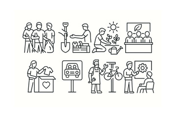 Obraz premium Line style icons of community actions: group cleanup, tool share, urban garden, eco committee, donation station, carpool sign, fix-it stand, teach skill.