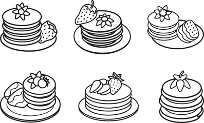 set of pancakes and strawberries line art, black outline, vector and illustration, coloring book page line art drawing