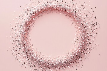 Circular Border of Rose Gold Sequins on Pastel Pink Surface, Shimmering and Sparkling