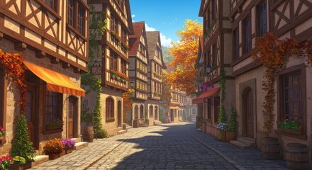 Obraz premium Autumn Street in Half-Timbered Town - Charming cobblestone street, half-timbered houses, autumn leaves, bright sunlight, peaceful atmosphere. Symbolizing: tranquility, heritage, season change