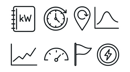Line style icons of power use planning: kilowatt diary, low-use hour icon, off-peak marker, demand curve chart, week trend line, daily usage cap, high-consumption flag, energy plate icon.