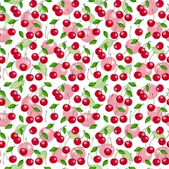 Seamless watercolor pattern with branches cherries and green leaves on white background. Suitable for packaging, textile and culinary design.