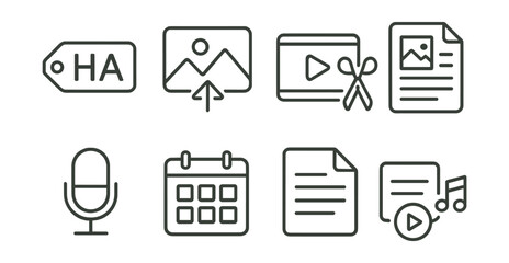 Line style icons of content creation: headline tag, image upload, video cut, blog article, voice-over, content planner, draft page, media icons.