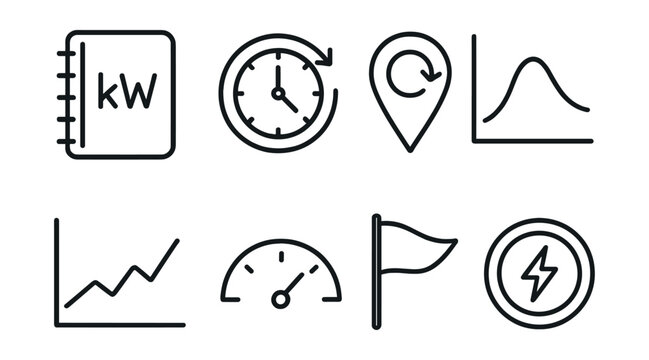 Line style icons of power use planning: kilowatt diary, low-use hour icon, off-peak marker, demand curve chart, week trend line, daily usage cap, high-consumption flag, energy plate icon.