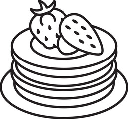 pancakes and strawberries line art, black outline, vector and illustration, coloring book page line art drawing