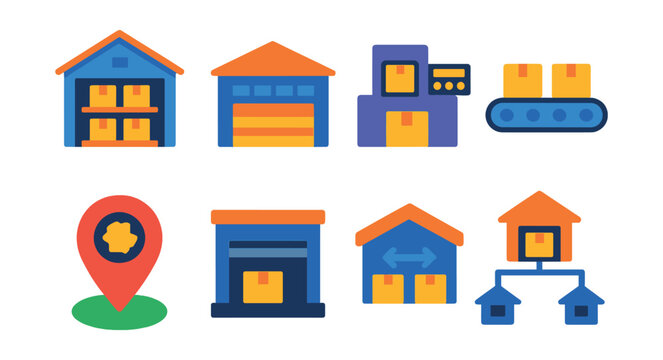 Flat vector icons of delivery infrastructure and hubs: fulfillment center icon, distribution warehouse, package sorting machine, conveyor line, regional hub map pin, loading bay door, cross-docking