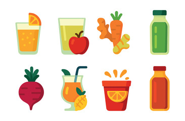 Flat vector icons of fresh juices: orange juice with pulp, apple juice glass, carrot ginger blend, green juice in bottle, beetroot juice icon, tropical mix with straw, citrus splash cup, cold-pressed