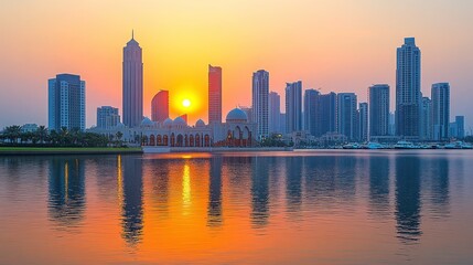 Obraz premium Sunrise over cityscape reflecting on water