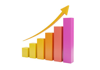 Colorful bar graph showing upward trend with yellow arrow view isolated on transparent background
