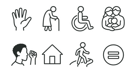 Line style icons of inclusive support: child hand, elderly icon, disability aid, family care, minority support, housing icon, access path, equality sign.