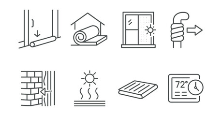 Line style icons of thermal efficiency: draft stopper, attic pad, window film, pipe wrap, wall seal icon, heat zone, floor mat, thermostat routine.