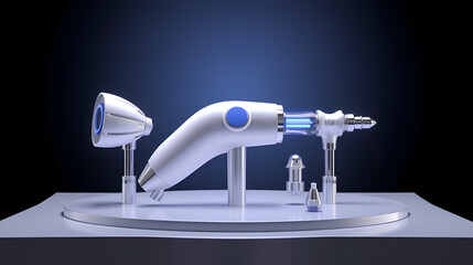 A stylized 3D render of a futuristic epilation tool with interchangeable heads, displayed on a sleek pedestal with dynamic lighting
