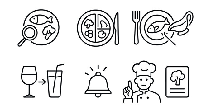 Line style icons of eating out smart: dish selection icon, carb control plate, half-portion request, no-sauce option, drink swap, meal alert badge, ask-the-chef sign, special request card.