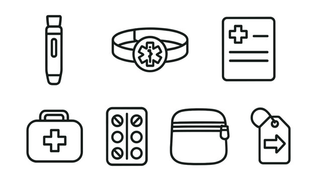Line style icons of emergency allergy kits: epinephrine injector, alert bracelet, antihistamine pack, emergency sheet, travel case, allergy meds icon, safety pouch, quick-access label.