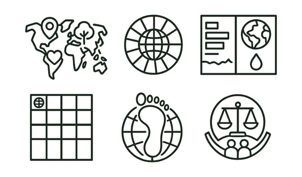 Line style icons of global awareness: map with icons, global goals chart, water scarcity infographic, climate impact board, SDG poster, world footprint icon, equity sign, shared future badge.