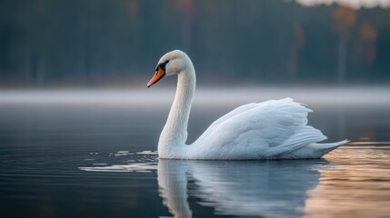 Fototapeta premium Serene Mute Swan on Misty Dawn Lake