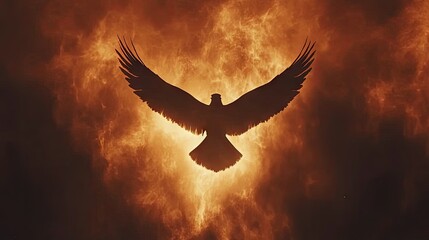 Silhouette of a soaring bird amidst fiery celestial clouds.