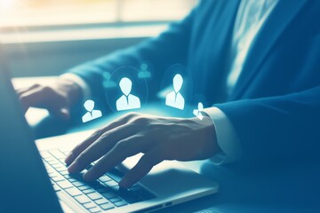 Business image of wooden tree with people icons over blue table, human resources and management concept
