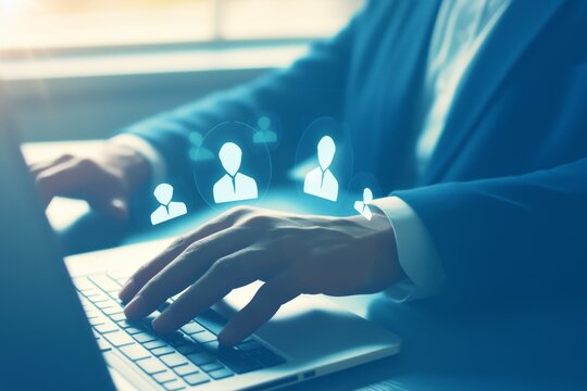 Business image of wooden tree with people icons over blue table, human resources and management concept