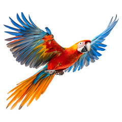 Obraz premium Colorful flying macaw bird isolated on no background, Generative AI image.