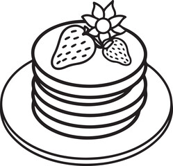 pancakes and strawberries line art, black outline, vector and illustration, coloring book page line art drawing