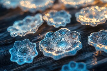 Microscopic view of intricate, glowing, bioluminescent structures resembling coral or cells.