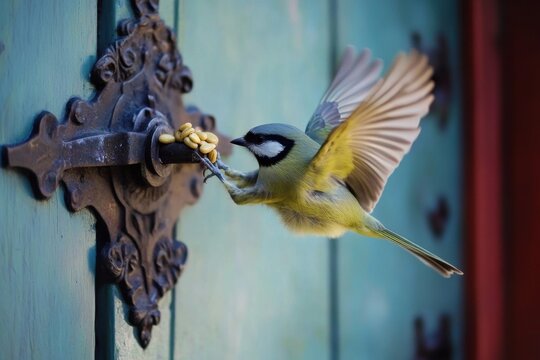 Great tits feeding on sunflower seeds at a backyard bird feeder during a sunny afternoon, birds at the feeder, great tits, grabbing sunflower seeds