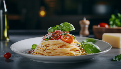 Spaghetti with tomato-drawn salt on white plate, basil leaves and Parmesan cheese on the side, blurred background for food photography

