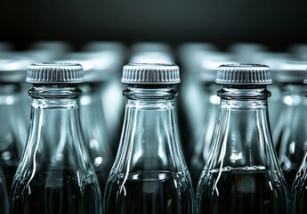 Bottling fresh water glass beverage containers in a manufacturing facility industrial environment close-up perspective product display
