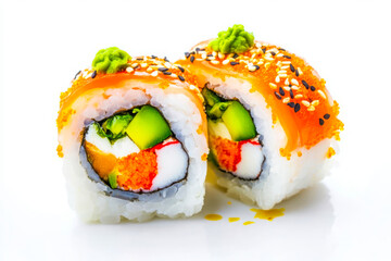 Sushi rolls with wasabi garnish on white background