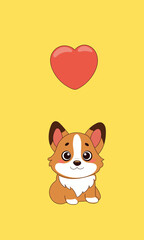Cute Funny Dog Portrait. Bright Positive Loyal Happy Pet. Domestic Lovely Animal, Kawaii Character Art. Funny Joyful Corgi Puppy Mascot. Doodle Drawn Adorable Cartoon Doggy and Heart Isolated