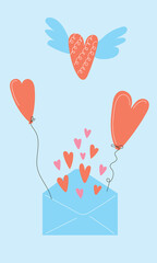 Red Heart Hot Air Balloon Envelope Floating Blue Sky. Romantic Greeting card. Valentine day or Wedding Invitation. Bridal Celebration Party Banner Design. Doodle Drawn Symbol Style. Cute Kid Art.