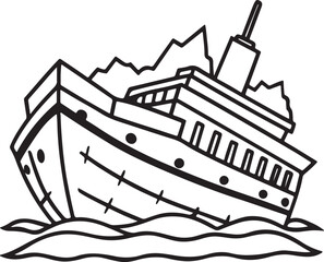 Obraz premium wrecked ship line art, black outline, vector and illustration, coloring book page line art drawing