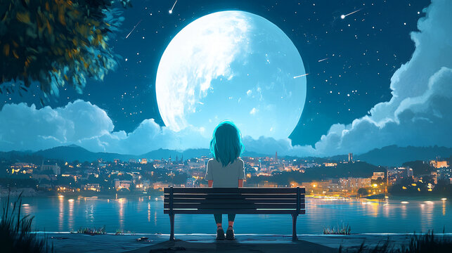 Girl sits on bench facing large moon and cityscape at night, conveying serenity and contemplation