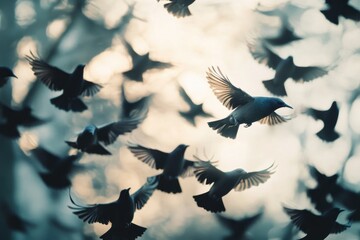 Common starlings gather in flight during twilight at the edge of a serene forest, Common Starling Sturnus vulgaris, also known as the European Starling Slow motion