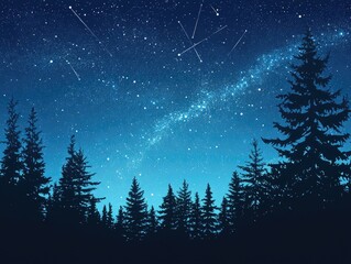 Fototapeta premium Starry Night Forest Milky Way Shooting Stars.