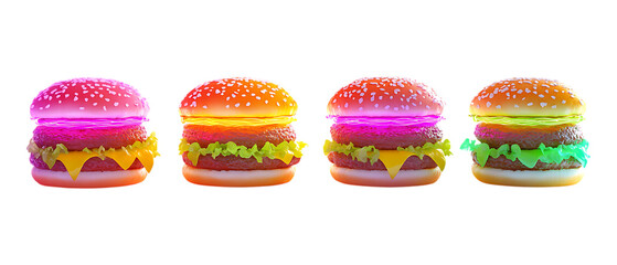 Pack of Glowing Neon Burger Against Transparent Background for Fast Food Branding, Advertising, or Neon Art Projects