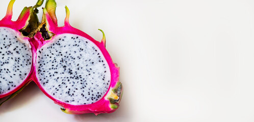 Dragon fruit, Hylocereus undatus, white-fleshed pitaya, cactus vine producing red oblong or oval fruits with large bracts, white flesh and small black seeds