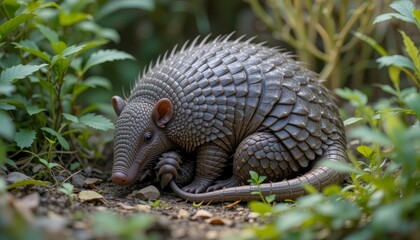 Armadillo relaxing in lush green foliage  