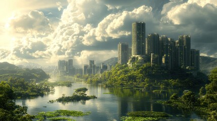 Post-apocalyptic city by a river